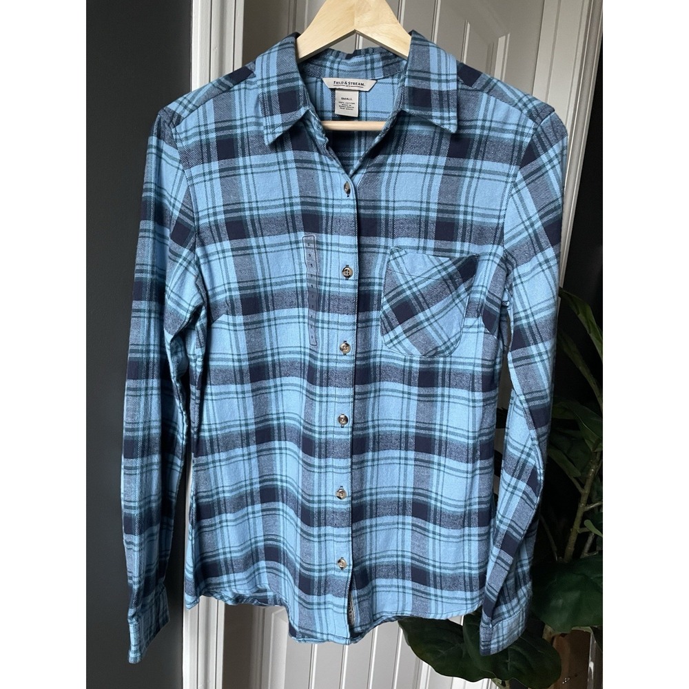 NEW Field & Stream Women's S Blue Plaid 100% Cotton Flannel LS Button-Up Shirt